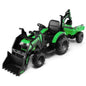 Green kids ride-on excavator with front shovel bucket, black seat and wheels