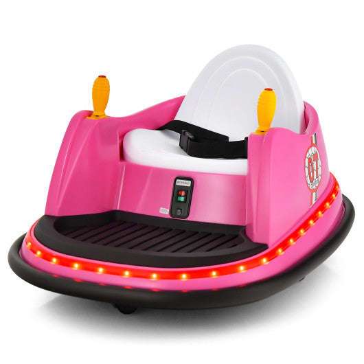 Pink 12V kids electric bumper car with white steering wheel and glowing LED bumper lights