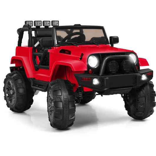 Red 12V kids remote control riding truck with LED headlights, large chunky tires, front view