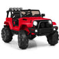 Red 12V kids remote control riding truck with LED headlights, large chunky tires, front view