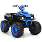 Kids ride-on ATV with blue body, black frame, LED headlights, and treaded tires