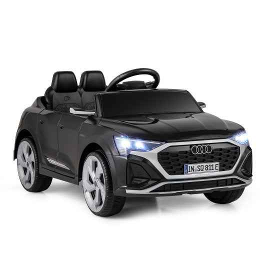 Black kids ride-on car with two seats, steering wheel, LED headlights