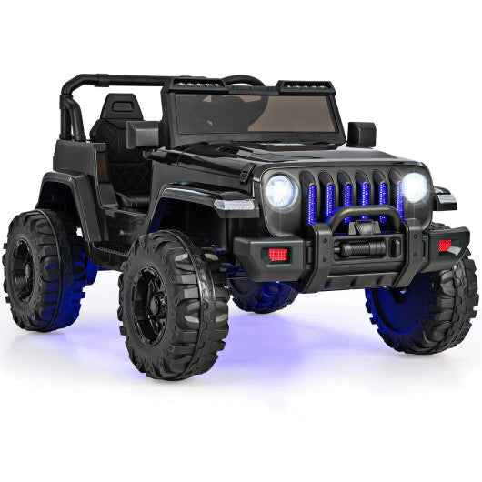 Kids ride-on jeep car, solid black with blue LED headlight bars