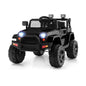 Black kids ride-on truck with glowing headlights, front grille, large wheels