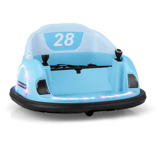 Light blue toddler ride-on bumper car with clear dome and front control bar