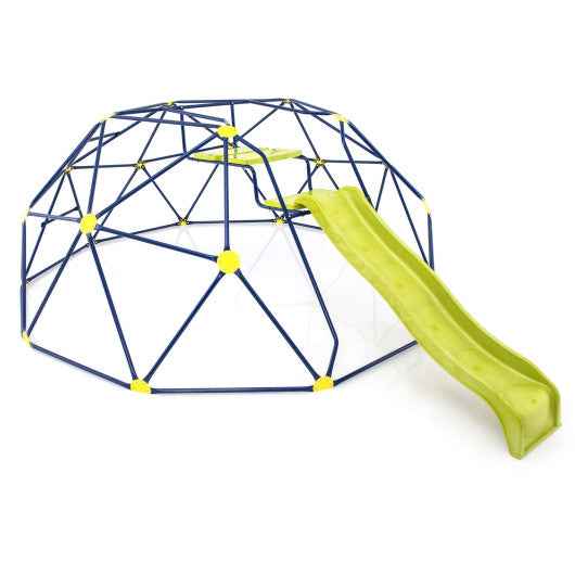 Geometric climbing dome with blue rope net, yellow nodes, and long lime slide