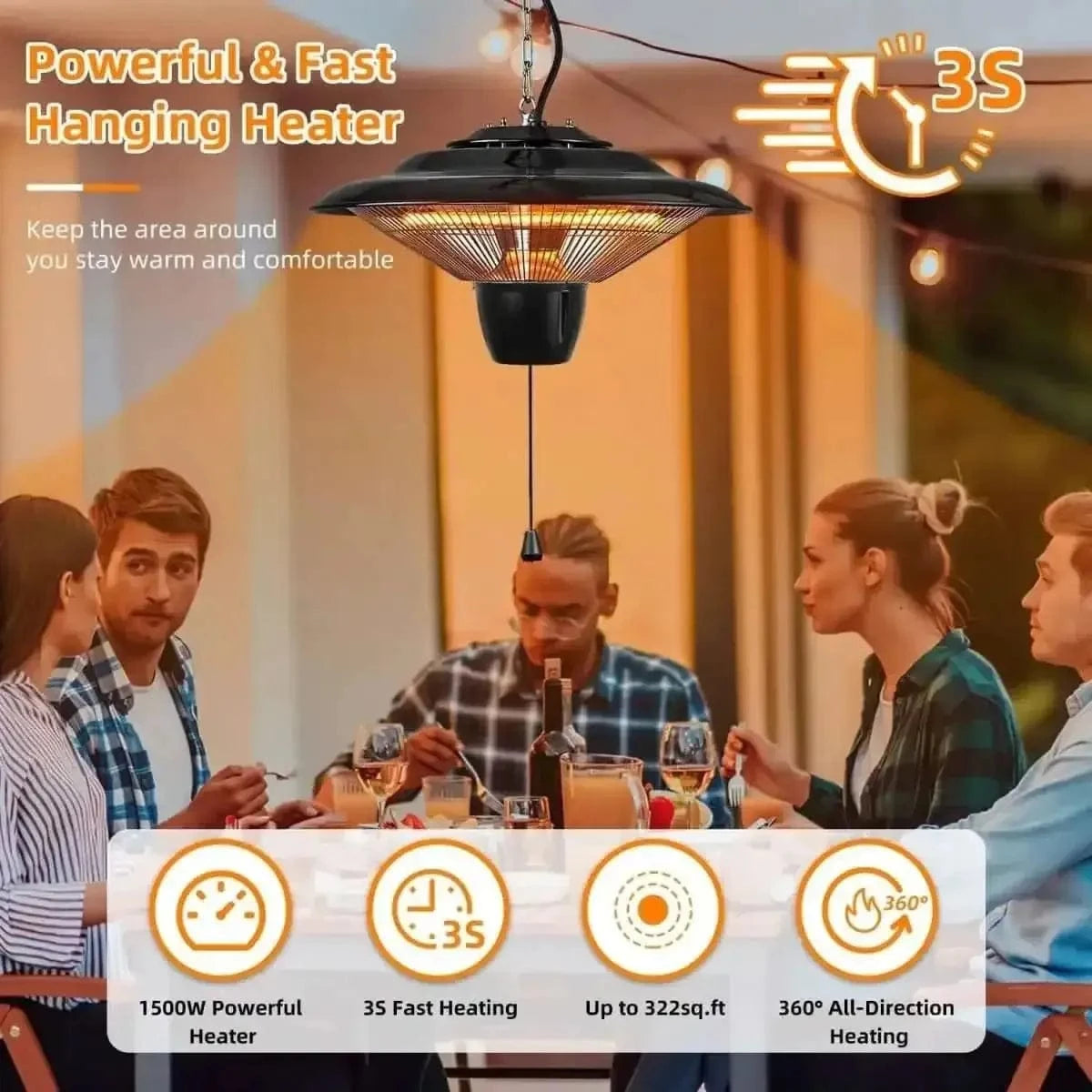 1500W Outdoor Hanging Patio Ultra-Quiet Electric Heating Lamp DailySale Default Title Default Title-