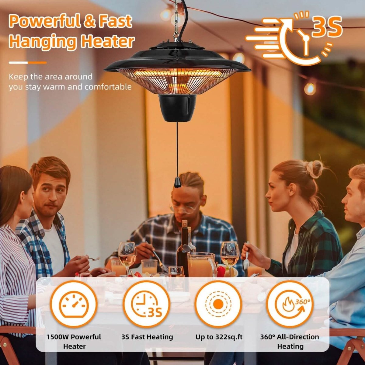 1500W Outdoor Hanging Patio Ultra - Quiet Electric Heating Lamp - Cartsfy Inc.