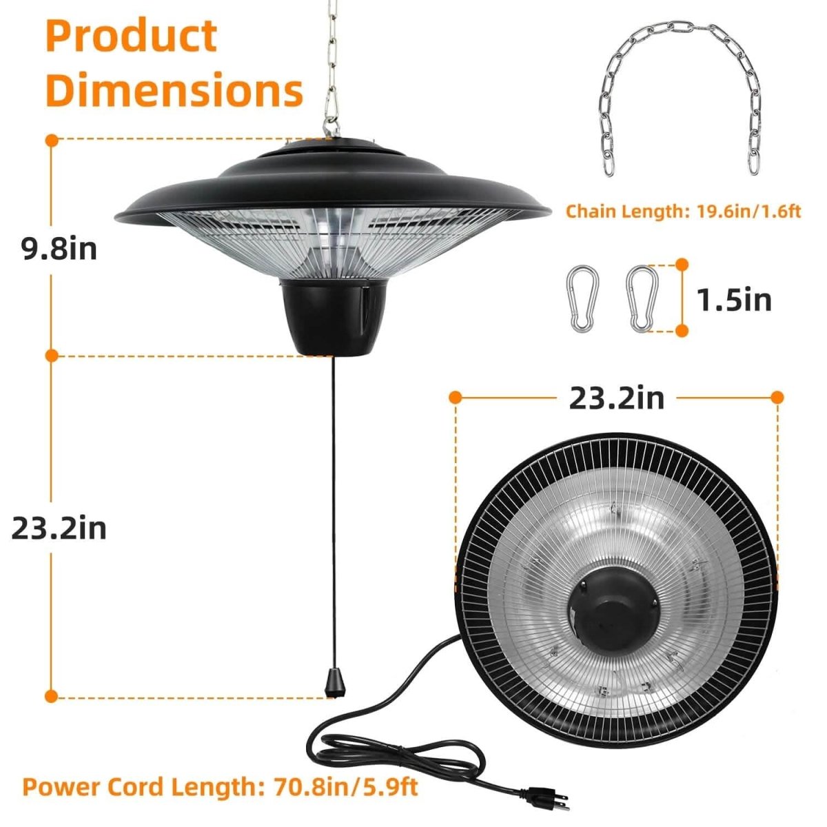 1500W Outdoor Hanging Patio Ultra - Quiet Electric Heating Lamp - Cartsfy Inc.