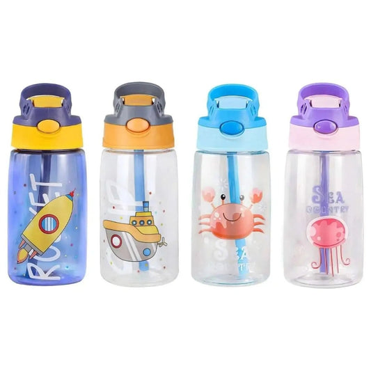 16.2oz Leak-proof Kids Water Bottle with Straw Push Button DailySale Ship Rocket Crab Ship-Rocket-Crab-Jellyfish-