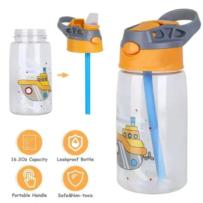 16.2oz Leak-proof Kids Water Bottle with Straw Push Button DailySale Ship Rocket Crab Ship-Rocket-Crab-Jellyfish-