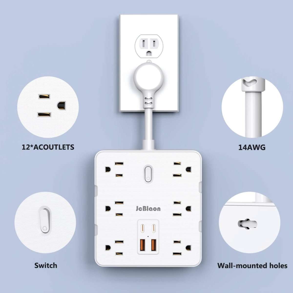 16-in-1 Power Strip – 12 AC Outlets & 4 USB Ports, White Cartsfy Inc.