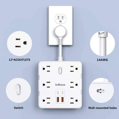 16-in-1 Power Strip – 12 AC Outlets & 4 USB Ports, White Cartsfy Inc.