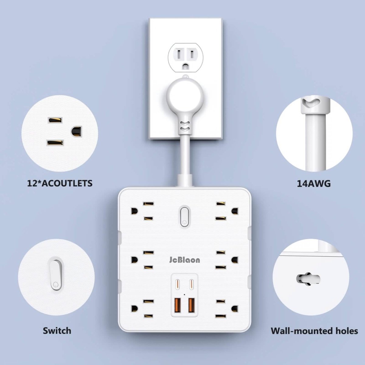 16 - in - 1 Power Strip – 12 AC Outlets & 4 USB Ports, White - Cartsfy Inc.