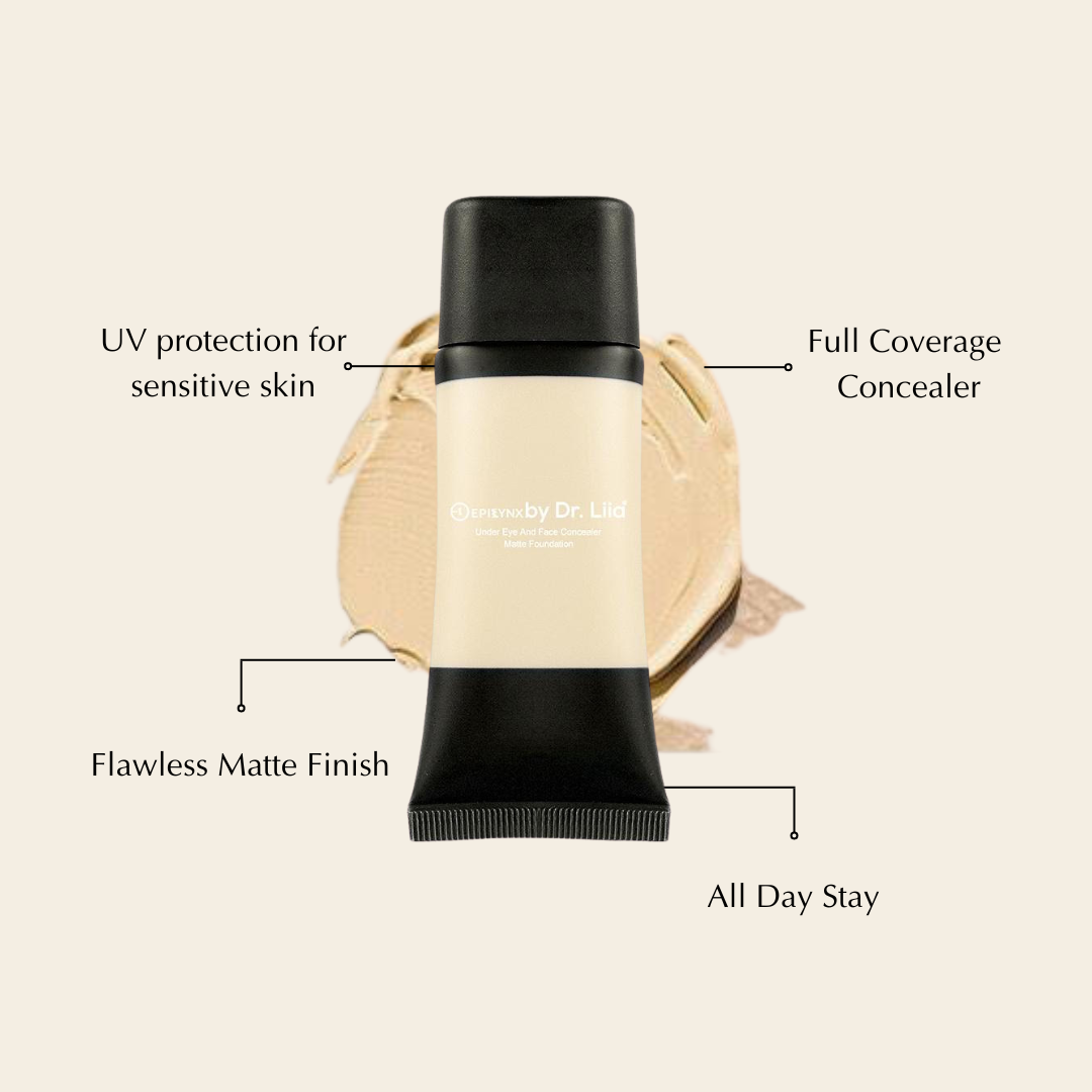 Foundation and concealer tube with cream swatch circle on skin