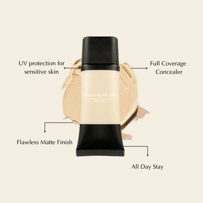 Foundation and concealer tube with cream swatch circle on skin