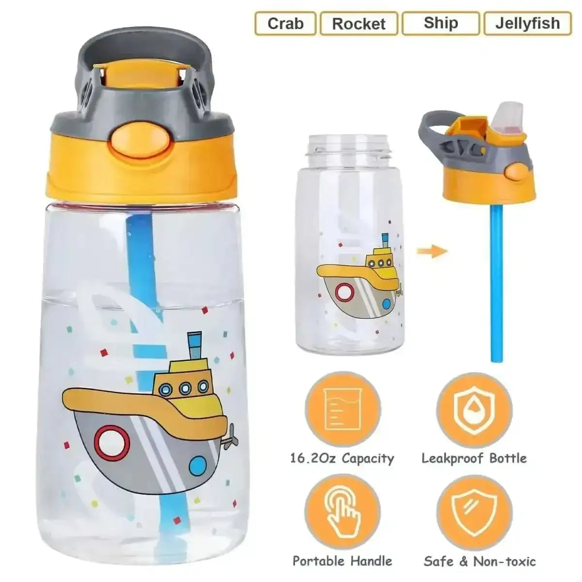 16.2oz Leak-proof Kids Water Bottle with Straw Push Button DailySale Ship Rocket Crab Ship-Rocket-Crab-Jellyfish-