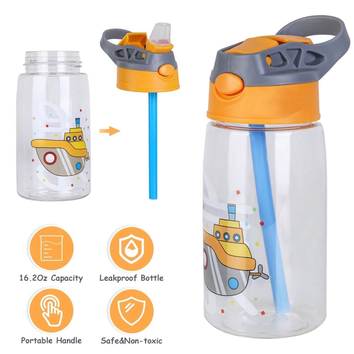 16.2oz Leak - proof Kids Water Bottle with Straw Push Button - Cartsfy Inc.