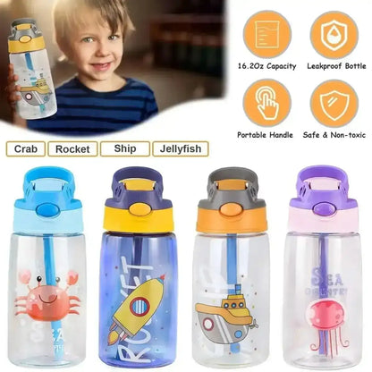 16.2oz Leak-proof Kids Water Bottle with Straw Push Button DailySale Ship Rocket Crab Ship-Rocket-Crab-Jellyfish-