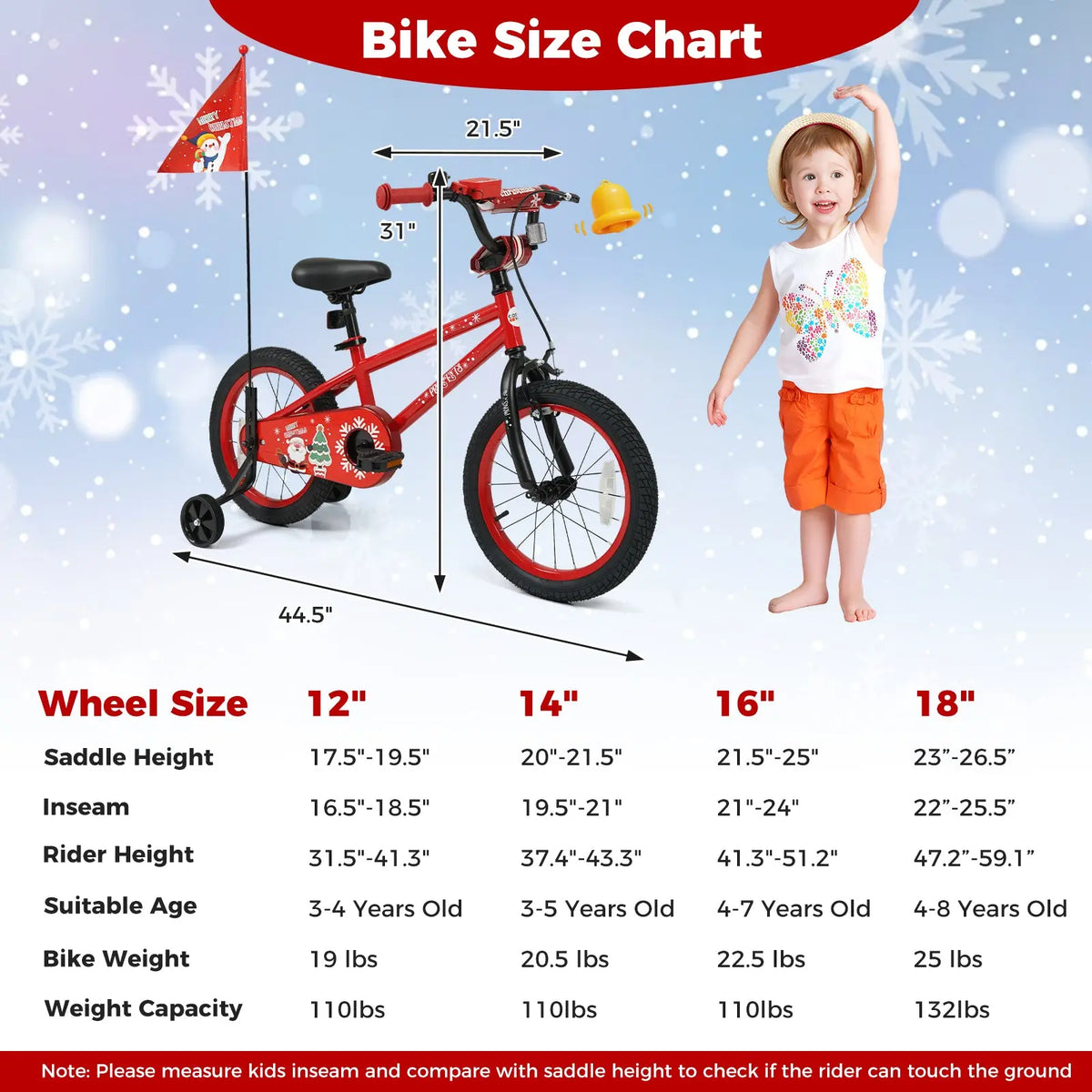 Kids Bike 12-18 Inch with Training Wheels & Christmas Music