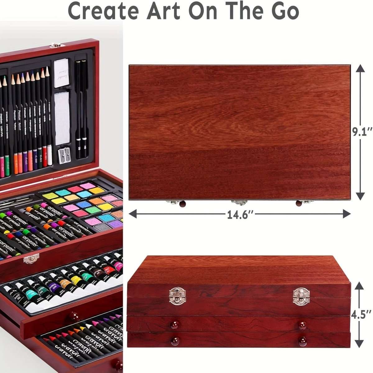 Wooden art set case for drawing on the go, shown closed with hinge latches