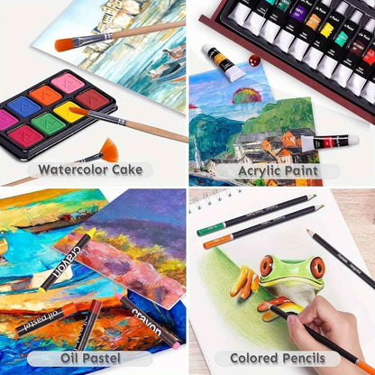 Watercolor cake, acrylic paint, oil pastels, and colored pencils with brushes on paper