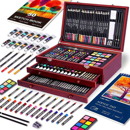 Wooden deluxe art set case with sketch book, colored pencils, crayons, paint tubes, and palettes