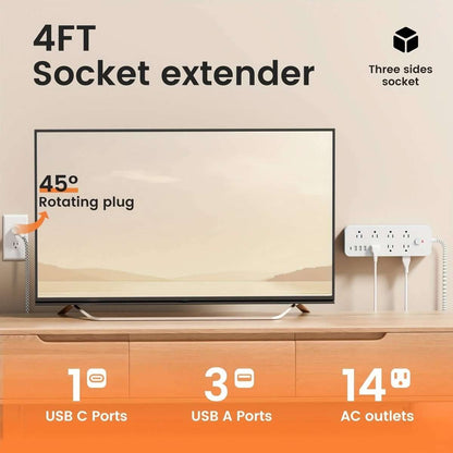 Flat cord power strip with angled 45° plug and multiple USB and AC outlets