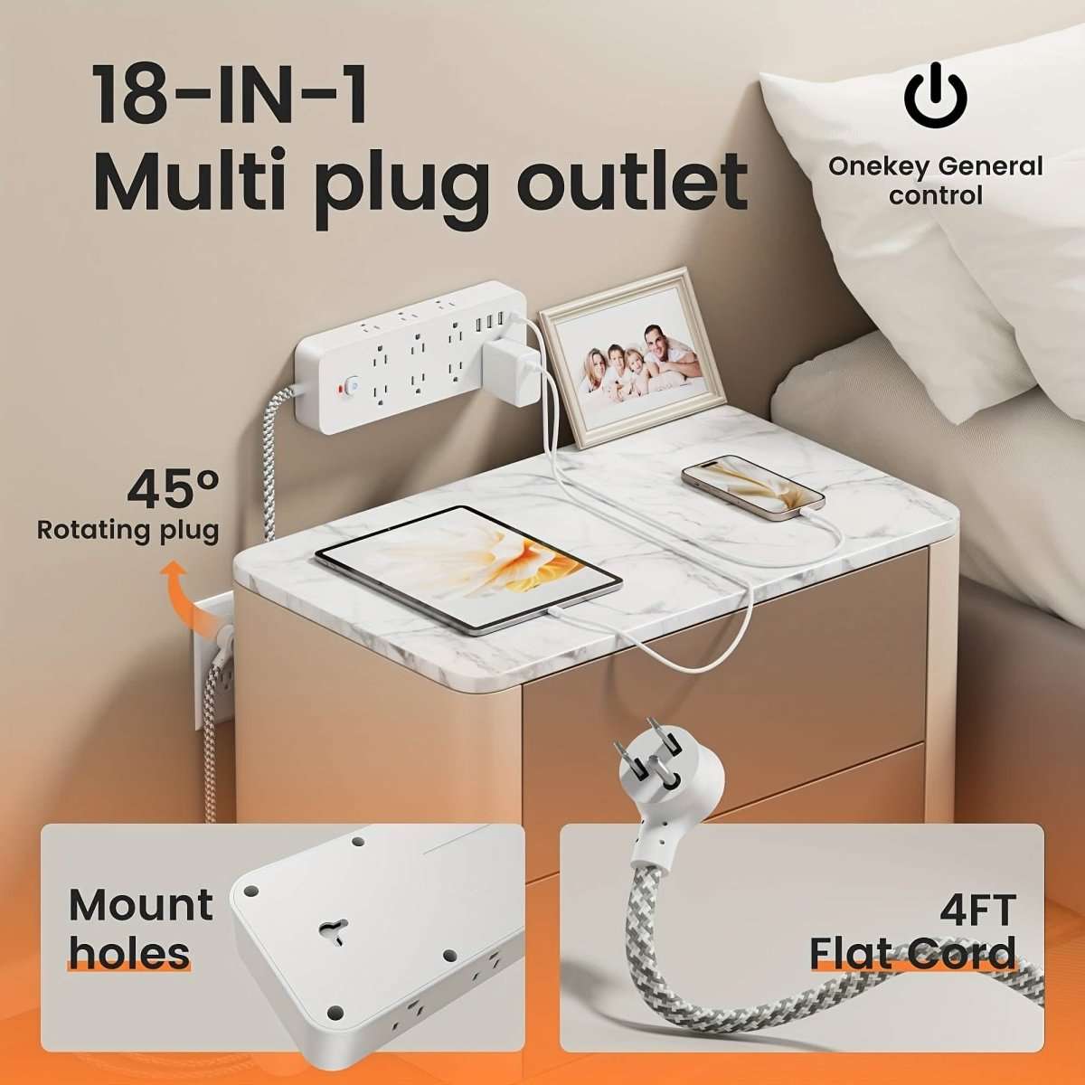 White 18-in-1 power strip with USB ports, one-button control, mount holes, flat plug