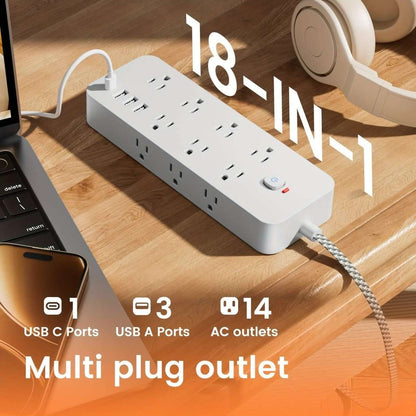 White multi-plug power strip with USB-C ports, AC outlets, braided cord on table