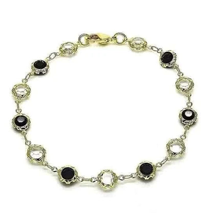 Gold filled ankle bracelet with alternating black and clear round crystal links