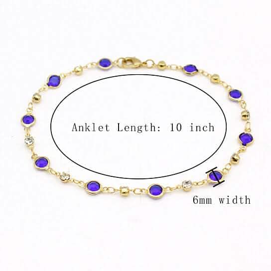 Gold-tone blue crystal ankle bracelet, 10 in length and 6 mm width