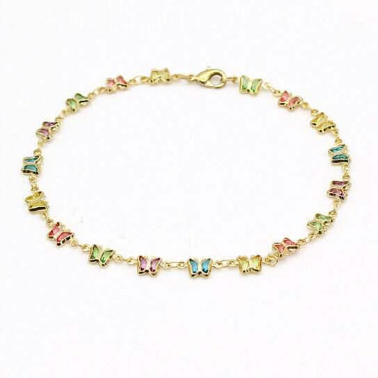 Gold-filled crystal butterfly ankle bracelet with multicolor charms