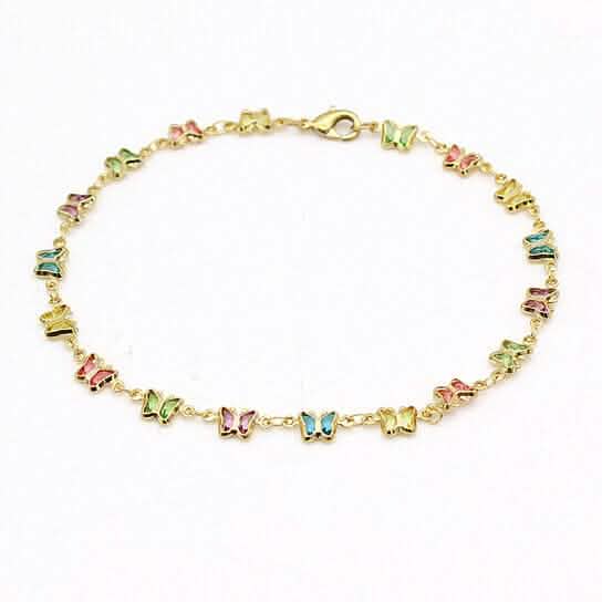 18k Gold Filled High Polish Finish Multi Color Crystal Butterfly Ankle Bracelet - Cartsfy Inc.