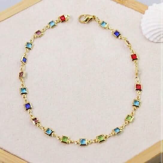 18K Gold Plated Light Multi Color Crystal Square Ankle Bracelet Cartsfy Inc.