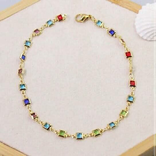 18K Gold Plated Light Multi Color Crystal Square Ankle Bracelet Cartsfy Inc.