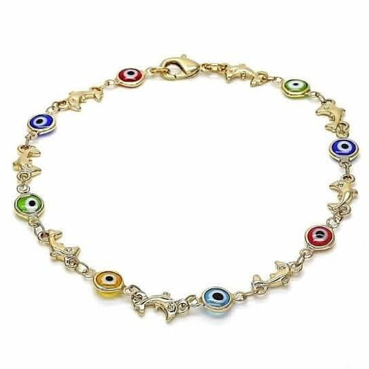 Gold-tone evil eye ankle bracelet with lobster clasp and multi-color enamel charms