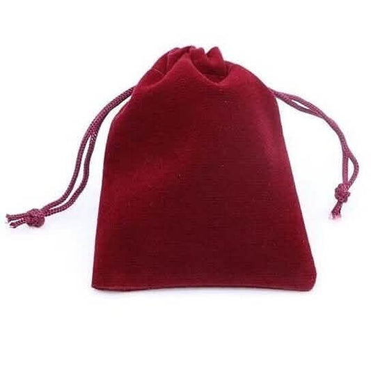 Red velvet drawstring jewelry pouch with purple cord