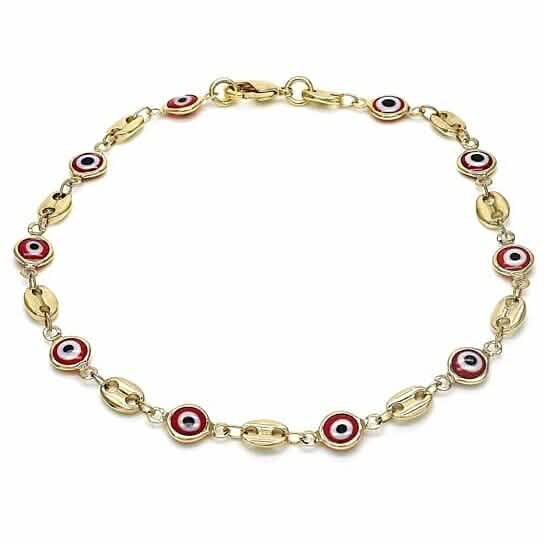 Gold filled ankle bracelet with red evil eye bead links and lobster clasp