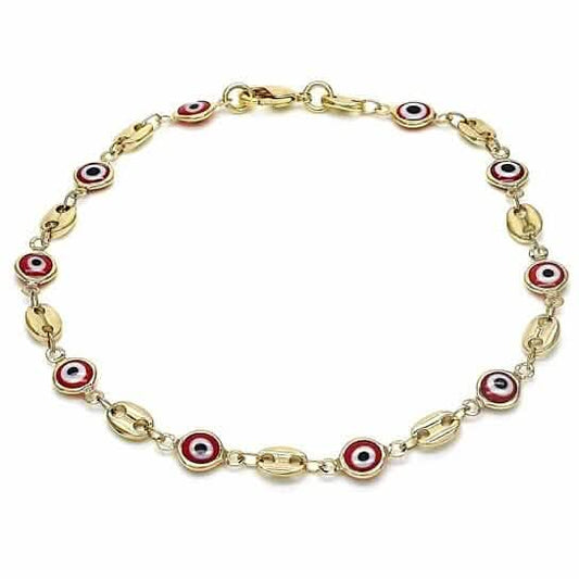 Gold filled ankle bracelet with red evil eye bead links and lobster clasp