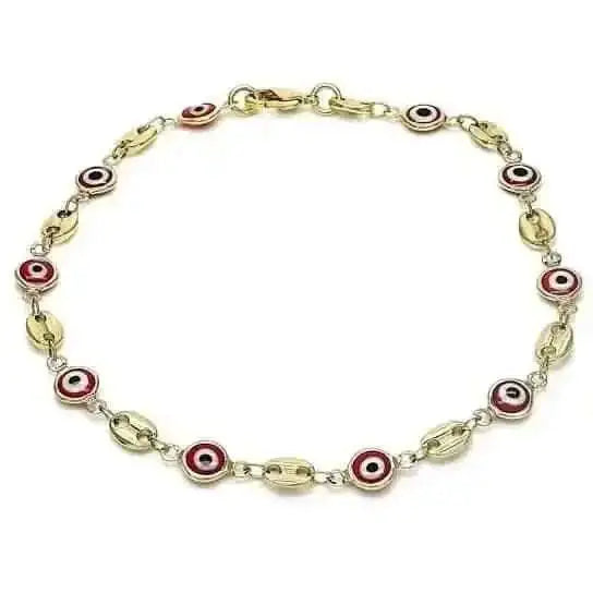 18k Women's Gold Filled High Polish Finish Mariner Marina- Red Evil Eye Lobster Clasp Ankle Bracelet 10'' Inch Cartsfy Inc.