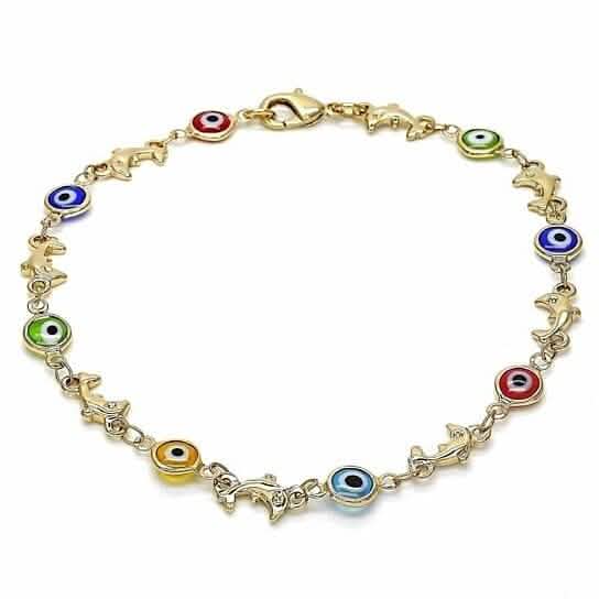 18k Women's Gold Filled High Polish Finish Dolphin Multi - color Evil Eye Lobster Clasp Ankle Bracelet 10'' Inch - Cartsfy Inc.