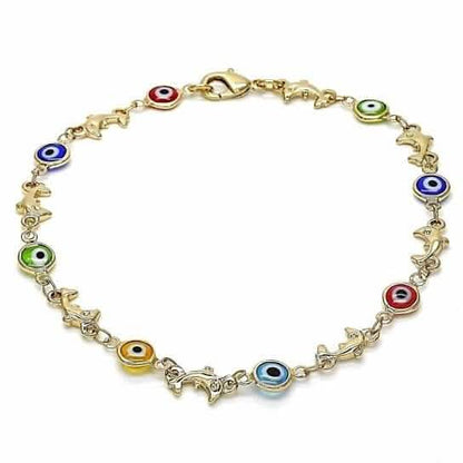 18k Women's Gold Filled High Polish Finish Dolphin Multi - color Evil Eye Lobster Clasp Ankle Bracelet 10'' Inch - Cartsfy Inc.