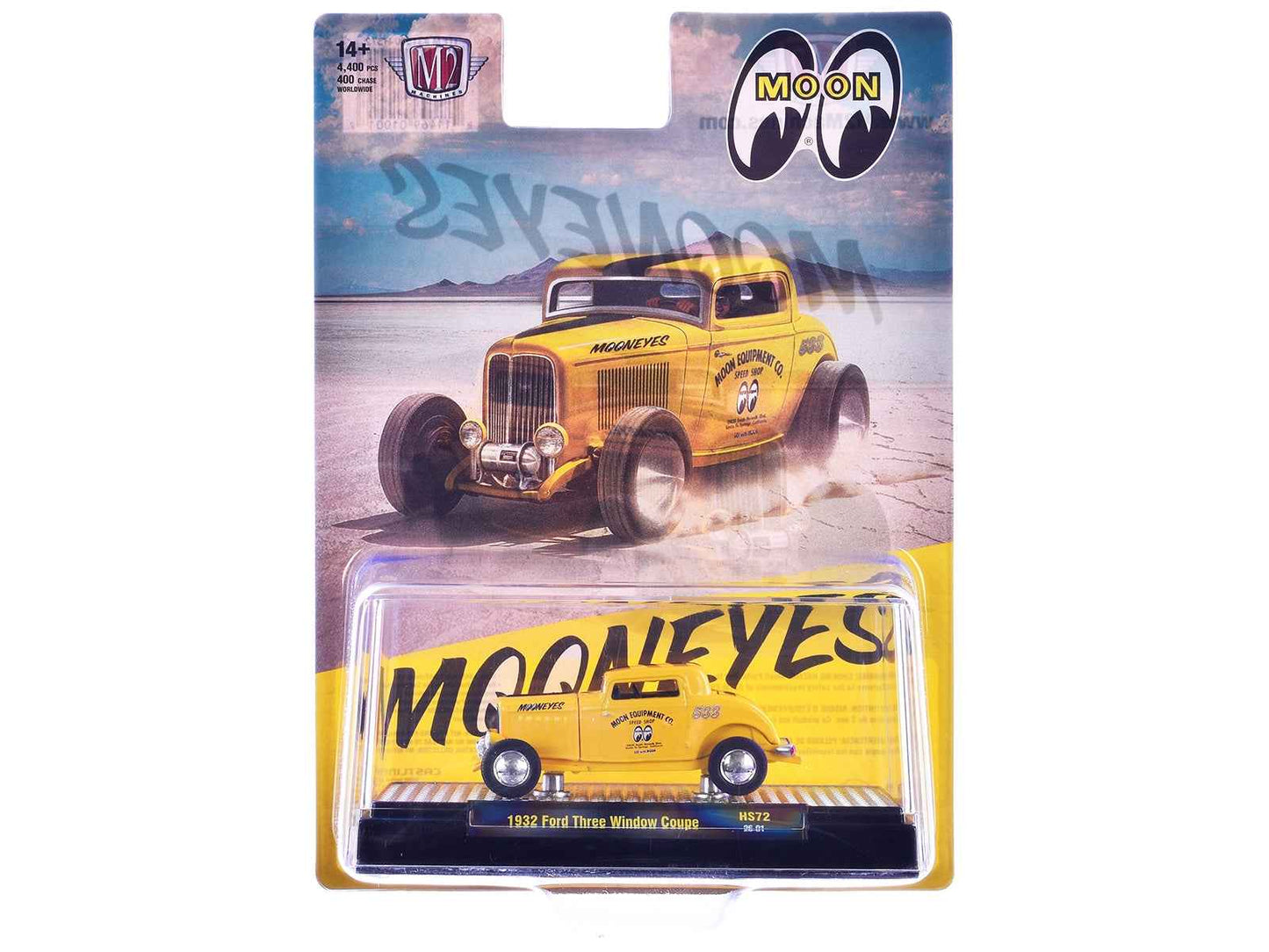 1932 Ford Three-Window Coupe "MoonEyes" Yellow with Black Stripe Limited Edition to 4400 pieces Worldwide 1/64 Diecast Model Car by M2 Machines Miniature Motors Default Title Default Title-