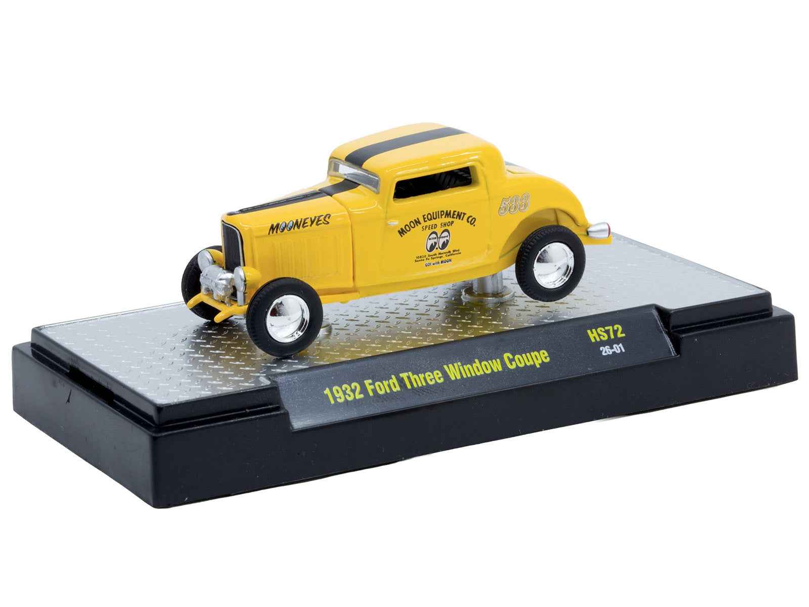 1932 Ford Three-Window Coupe "MoonEyes" Yellow with Black Stripe Limited Edition to 4400 pieces Worldwide 1/64 Diecast Model Car by M2 Machines Miniature Motors Default Title Default Title-