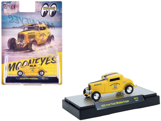 Yellow 1/64 diecast 1932 Ford three-window coupe model with black stripe, in blister pack