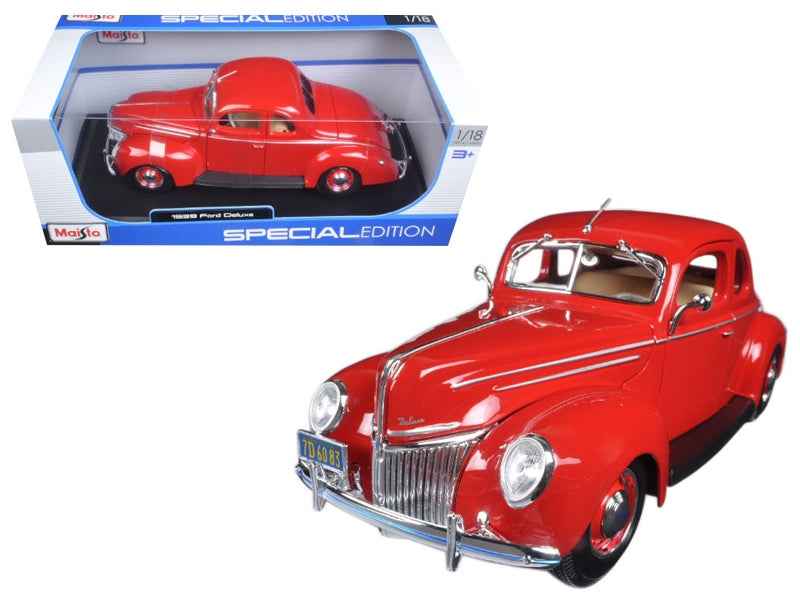 Red 1939 Ford Deluxe Tudor 1/18 diecast model car, front three-quarter view by Maisto