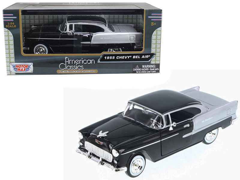 Motormax 1/24 diecast model car, black and silver, 1955 Bel Air front 3/4 view