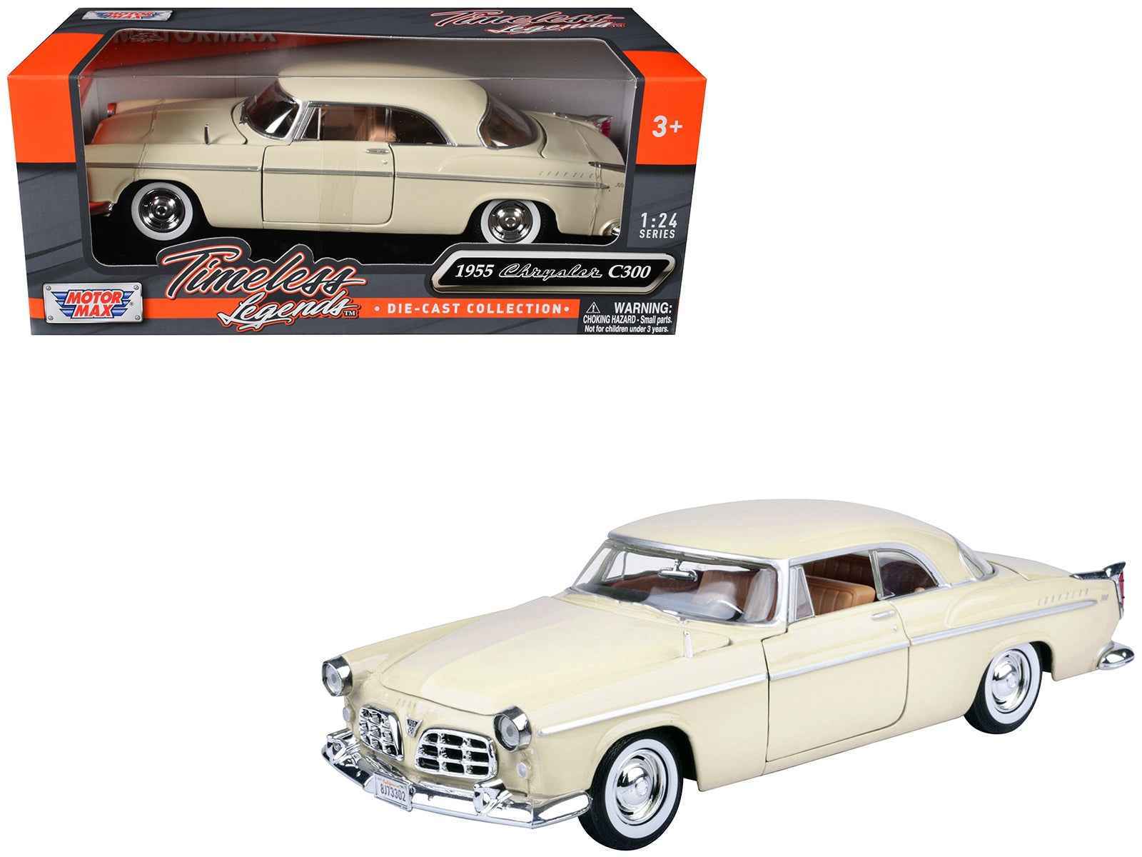 Cream 1955 Chrysler C300 1:24 diecast model car, whitewall tires and chrome details