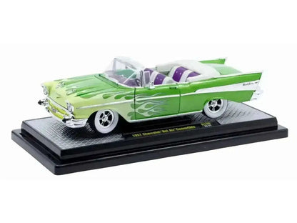 1957 Chevrolet Bel Air Convertible Green Metallic with Flame Graphics and Purple and White Interior Limited Edition to 4050 pieces Worldwide 1/24 Diecast Model Car by M2 Machines Cartsfy Inc.